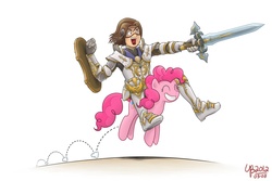 Size: 1200x800 | Tagged: safe, artist:thebourgyman, pinkie pie, human, g4, armor, fantasy class, knight, riding, shield, sword, warrior