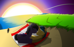 Size: 2290x1476 | Tagged: safe, artist:arby-works, oc, oc only, oc:spyglass vision, oc:stormy nights, pegasus, unicorn, fanfic:stormy nights, beach, beach towel, black hair, black mane, black tail, eyes closed, fanfic, fanfic art, female, female oc, folded wings, gold body, gold coat, gold fur, gold pony, golden body, golden coat, golden fur, golden pony, horn, male, male oc, mare, mare oc, pegasus oc, purple body, purple coat, purple fur, purple wings, requested art, stallion, stallion oc, straight, sunset, tail, teal hair, teal mane, unicorn oc, wings