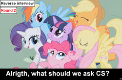 Size: 1024x672 | Tagged: safe, applejack, fluttershy, pinkie pie, rainbow dash, rarity, twilight sparkle, comic:celestia's servant interview, g4, interview, meta