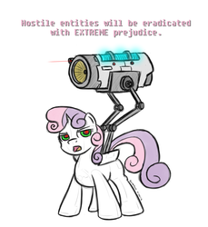 Size: 1280x1400 | Tagged: safe, artist:scherzo, sweetie belle, android, gynoid, pony, robot, robot pony, unicorn, g4, blank flank, energy weapon, female, filly, foal, hooves, horn, laser, red eyes, simple background, solo, sweetie bot, text, weapon, white background