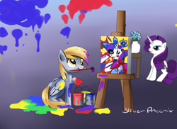 Size: 3501x2550 | Tagged: safe, artist:incinerater, derpy hooves, rarity, pegasus, pony, g4, female, mare, paint, paint on fur, painting