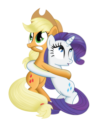 Size: 1280x1485 | Tagged: safe, artist:tgolyi, applejack, rarity, earth pony, pony, unicorn, g4, duo, duo female, fear hug, female, horn, hug, mare, scared, simple background, transparent background