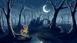 Size: 4320x2430 | Tagged: dead source, safe, artist:azenge, fluttershy, pony, g4, crescent moon, ears back, female, fog, forest, lantern, mist, moon, moonlight, mouth hold, night, raised hoof, scenery, solo