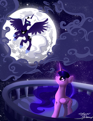 Size: 1194x1546 | Tagged: dead source, safe, artist:jokerpony, princess luna, twilight sparkle, alicorn, pony, fanfic:sharing the night, g4, alternate hairstyle, balcony, cloud, ethereal mane, eye contact, fanfic, fanfic art, female, flying, frown, full moon, glare, looking at each other, looking up, mare, moon, night, starry mane, stars, twilight sparkle (alicorn)