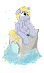 Size: 3438x5762 | Tagged: safe, artist:toonlancer, derpy hooves, pegasus, pony, semi-anthro, g4, absurd resolution, bubble, earbuds, female, ipod, laundry, mp3 player, simple background, sitting, smiling, solo, transparent background, washing machine
