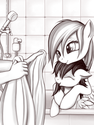 Size: 480x640 | Tagged: safe, artist:rainbow, rainbow dash, scootaloo, human, pegasus, pony, g4, arms, bath, bathtub, cute, cutealoo, dashabetes, eyes closed, female, filly, floppy ears, grayscale, group, hand, happy, hnnng, hug, mare, monochrome, offscreen character, open mouth, scootalove, smiling, towel, wet, wet mane