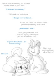 Size: 735x1011 | Tagged: safe, artist:secretgoombaman12345, diamond tiara, silver spoon, earth pony, pony, ask chubby diamond, g4, fat, female, filly, foal, partial color, sitting, teasing