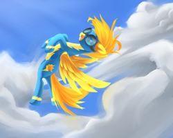 Size: 1000x800 | Tagged: safe, artist:aurarrius, spitfire, pegasus, pony, g4, alternate hairstyle, cloud, female, flying, goggles, looking at you, open mouth, open smile, sky, smiling, solo, wonderbolts uniform, wrong cutie mark