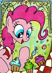 Size: 400x558 | Tagged: safe, artist:foxinshadow, pinkie pie, earth pony, pony, g4, candy, cupcake, cute, diapinkes, female, food, mare, open mouth, picnic blanket, solo, sweets