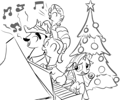 Size: 1314x1080 | Tagged: safe, artist:rubrony, cookie crumbles, hondo flanks, rarity, sweetie belle, g4, christmas, musical instrument, parent, piano, ship:cookieflanks, singing, tree