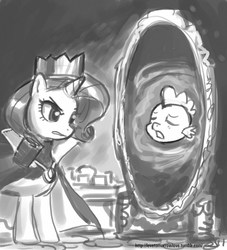 Size: 909x1000 | Tagged: safe, artist:johnjoseco, rarity, spike, g4, clothes, crossover, crown, disney, duo, grayscale, grimhilde, mirror, monochrome, snow white, snow white and the seven dwarfs