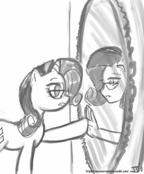 Size: 833x1000 | Tagged: safe, artist:johnjoseco, rarity, human, pony, g4, glasses, grayscale, human ponidox, humanized, mirror, monochrome, solo