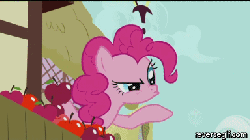 Size: 384x215 | Tagged: safe, screencap, pinkie pie, earth pony, pony, g4, green isn't your color, season 1, animated, apple, eating, ei, female, food, herbivore, hub logo, puffy cheeks, reversed, solo