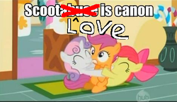 Size: 469x271 | Tagged: safe, edit, edited screencap, screencap, apple bloom, scootaloo, sweetie belle, earth pony, pegasus, pony, unicorn, g4, caption, cutie mark crusaders, eyes closed, female, filly, hape, hug, scootalove, wide eyes