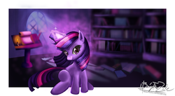 Size: 5120x2804 | Tagged: safe, artist:zelc-face, twilight sparkle, pony, unicorn, g4, book, bookshelf, candle, female, golden oaks library, high res, inkwell, mare, moonlight, quill, scroll, smiling, solo, unicorn twilight, wallpaper