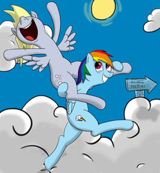 Size: 1952x2106 | Tagged: safe, artist:w300, derpy hooves, rainbow dash, pegasus, pony, fanfic:rainbow factory, g4, betrayal, biased, bipedal, cutie mark, dark joke, duo, fascism, fascist, inappropriate joke, joke, no tail, open mouth, ponies riding ponies, riding, sign, smiling, smirk, sun, this will end in death, this will end in pain, this will end in tears, this will end in tears and/or death, this will not end well
