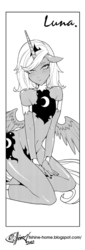 Size: 254x750 | Tagged: safe, artist:fishine, princess luna, anthro, g4, 2012, arm band, bare midriff, belly button, breasts, crown, delicious flat chest, ears back, female, grayscale, human facial structure, jewelry, kneeling, mare, monochrome, regalia, s1 luna, shiny, tiara