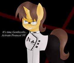 Size: 1673x1413 | Tagged: safe, artist:blackbewhite2k7, doctor horse, doctor stable, pony, unicorn, g4, read it and weep, arkham city, batman, crossover, glasses, hugo strange, male, parody, stallion