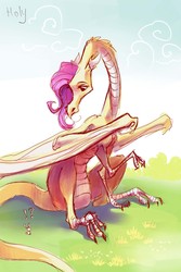 Size: 2874x4311 | Tagged: safe, artist:holivi, fluttershy, dragon, g4, dragonified, exclamation point, flutterdragon, interrobang, question mark, species swap