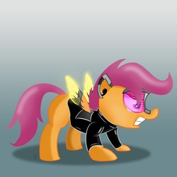 Size: 1000x1000 | Tagged: safe, artist:subjectnumber2394, scootaloo, cyborg, pony, g4, clothes, female, future, gradient background, jacket, solo