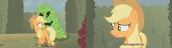 Size: 1272x356 | Tagged: safe, screencap, applejack, keepers of the grove of truth, earth pony, pony, g4, the return of harmony, apple, canterlot hedge maze, female, food, hedge maze, mare, maze, youtube caption