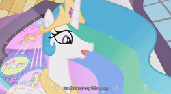 Size: 638x352 | Tagged: safe, edit, edited screencap, screencap, princess celestia, alicorn, pony, g4, the return of harmony, female, mare, stained glass, youtube caption