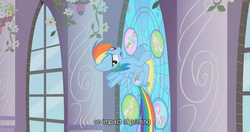 Size: 622x328 | Tagged: safe, screencap, rainbow dash, g4, the return of harmony, stained glass, youtube caption