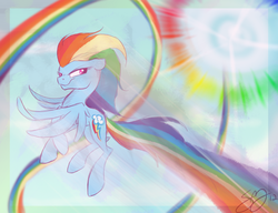 Size: 1280x985 | Tagged: safe, artist:probablyfakeblonde, rainbow dash, pony, g4, female, flying, rainbow trail, solo, sonic rainboom