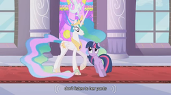 Size: 640x356 | Tagged: safe, screencap, princess celestia, twilight sparkle, alicorn, pony, g4, the return of harmony, canterlot, carpet, checkered floor, female, looking at each other, looking at someone, mare, pillar, red carpet, stained glass, window, youtube caption