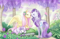 Size: 800x520 | Tagged: safe, artist:yiuokami, fluttershy, rarity, sweetie belle, butterfly, pegasus, pony, unicorn, g4, beautiful, day, description in comments, female, flower, flower in hair, forehead kiss, friendship, garden, kissing, sleeping, wisteria