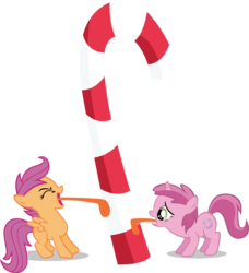 Size: 2887x3171 | Tagged: safe, artist:sircinnamon, ruby pinch, scootaloo, pegasus, pony, unicorn, g4, 8 foot candy cane, candy cane, high res, licking, simple background, stuck, tongue out, tongue stuck to pole, transparent background, vector