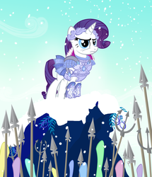 Size: 1637x1900 | Tagged: safe, artist:pixelkitties, rarity, pony, unicorn, g4, armor, armorarity, female, greaves, laurel wreath, mare, snow, snowfall, spear, trident, weapon