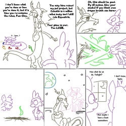 Size: 896x896 | Tagged: dead source, safe, artist:weaver, discord, princess celestia, spike, twilight sparkle, alicorn, draconequus, dragon, pony, unicorn, g4, bad end, banishment, chaos reigns, comic, female, fight, fire, fire breath, good end, male, mare, moon, simple background, stupidity, white background