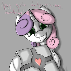 Size: 1024x1024 | Tagged: safe, artist:scramjet747, sweetie belle, pony, robot, robot pony, unicorn, g4, companion cube, female, filly, foal, gray background, hooves, horn, looking at you, portal (valve), simple background, smiling, smiling at you, solo, sweetie bot, sweetie bot replies, teeth, text