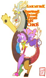 Size: 766x1278 | Tagged: safe, artist:cruddydoodles, discord, screwball, draconequus, earth pony, pony, g4, carrying, chaos, dialogue, female, hat, male, mare, parody, propeller hat, simple background, swirly eyes, the lion king, transparent background, umbrella, upside down