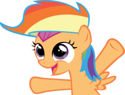 Size: 3439x2625 | Tagged: safe, artist:sircinnamon, scootaloo, pony, g4, female, filly, high res, open mouth, rainbow wig, simple background, smiling, solo, transparent background, vector, wig