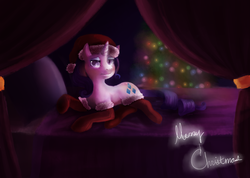 Size: 1600x1136 | Tagged: safe, rarity, pony, g4, bed, christmas, clothes, hat, santa hat, socks, solo, tree