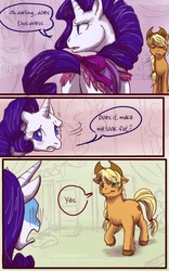 Size: 608x972 | Tagged: safe, artist:nanhart, applejack, rarity, earth pony, pony, unicorn, g4, brutal honesty, butt, chest fluff, comic, dialogue, element of honesty, fat, plot, speech bubble, unshorn fetlocks