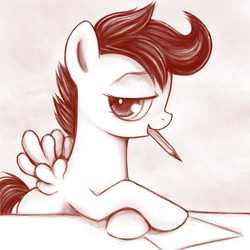 Size: 600x600 | Tagged: safe, artist:rainbow, scootaloo, pegasus, pony, g4, drawing, female, filly, looking at you, monochrome, mouth hold, paper, pencil, solo