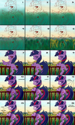 Size: 1800x3000 | Tagged: safe, artist:rainbow, twilight sparkle, pony, g4, bedroom eyes, butt, clothes, female, fluffy, forest, how to draw, looking at you, plot, scarf, solo, step by step