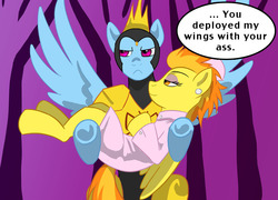 Size: 1015x730 | Tagged: safe, artist:mlpendlessnight, rainbow dash, spitfire, pony, g4, annoyed, clothes, crossover, dialogue, doctor girlfriend, holding a pony, speech bubble, the monarch, the venture bros., wingboner