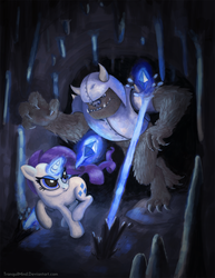 Size: 1000x1294 | Tagged: safe, artist:tranquilmind, rarity, diamond dog, pony, unicorn, g4, cave, duo, magic