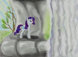 Size: 1920x1396 | Tagged: safe, artist:thequezacotl, rarity, pony, g4, cave, emerald, female, solo, waterfall