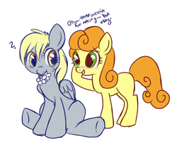 Size: 522x430 | Tagged: safe, artist:lulubell, carrot top, derpy hooves, golden harvest, pony, g4, blank flank, blushing, cute, cutie top, derpabetes, female, filly, flower, lesbian, ship:derpytop, shipping, simple background, white background