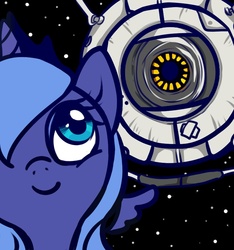 Size: 750x800 | Tagged: safe, artist:lupreia, princess luna, alicorn, pony, g4, female, personality core, portal (valve), s1 luna, smiling, solo, space core