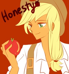 Size: 711x759 | Tagged: safe, artist:lupreia, applejack, human, g4, female, humanized, obligatory apple, orange skin, pony coloring, solo