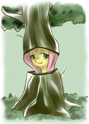 Size: 600x838 | Tagged: dead source, safe, artist:lupreia, fluttershy, pony, g4, costume, female, fluttertree, solo, tree, tree costume