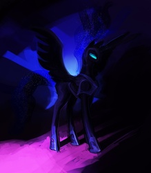 Size: 900x1028 | Tagged: dead source, safe, artist:makkon, nightmare moon, alicorn, pony, g4, dark, female, glowing eyes, mare, solo, spread wings, wings