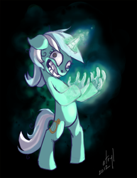 Size: 503x650 | Tagged: safe, artist:atryl, lyra heartstrings, pony, unicorn, g4, bipedal, glowing horn, gritted teeth, hand, horn, insanity, magic hands, that pony sure does love hands