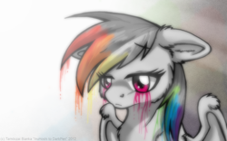 Size: 1280x800 | Tagged: safe, artist:inuhoshi-to-darkpen, rainbow dash, pony, g4, color loss, discorded, female, rainbow-less dash, sad, solo